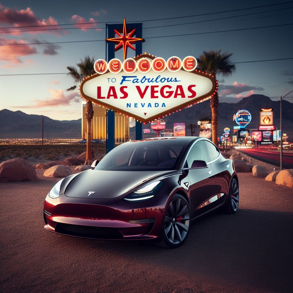 Tesla in front of the Welcome to Las Vegas sign